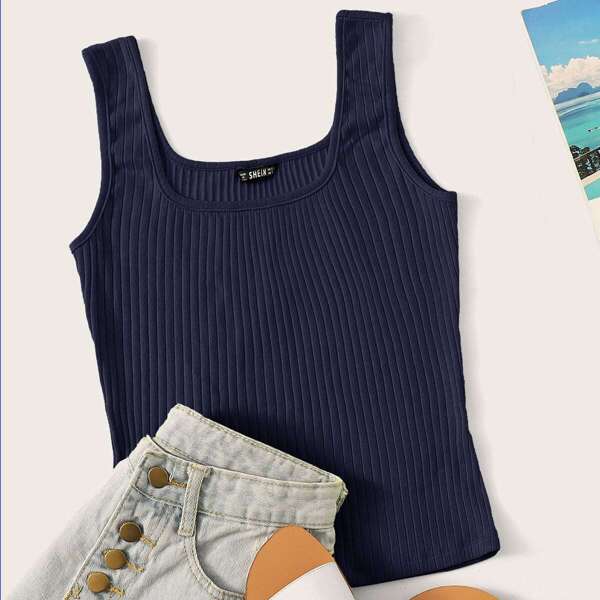 

Solid Rib-knit Form Fitting Tank Top