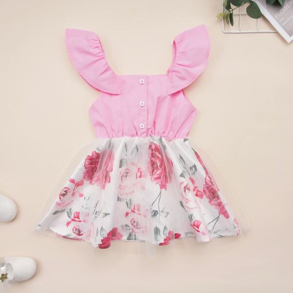 

Toddler Girls Button Front Floral Print Tulle Dress