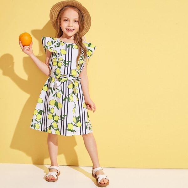 

Toddler Girls Stripe & Lemon Print Ruffle Cuff Belted Dress, Multicolor