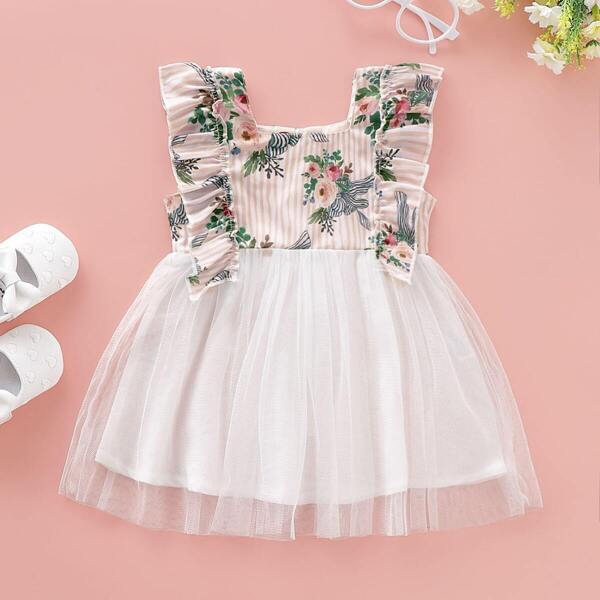 

Baby Girl Stripe & Floral Print Ruffle Trim Tulle Dress