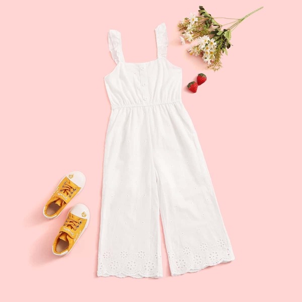 

Toddler Girls Eyelet Embroidery Button Front Cami Jumpsuit, White