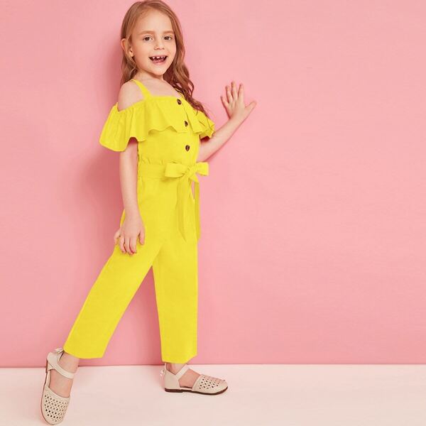 

Toddler Girls Button Front Ruffle Cold-shoulder Belted Jumpsuit, Yellow