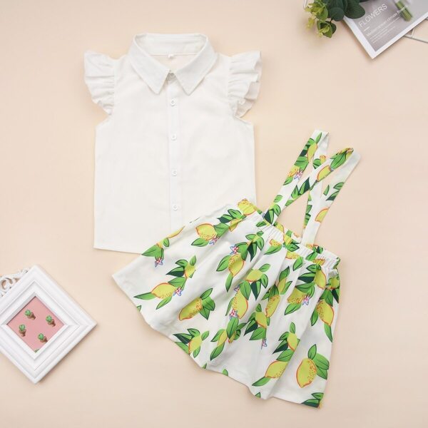 

Toddler Girls Solid Ruffle Cuff Shirt & Lemon Print Pinafore Skirt