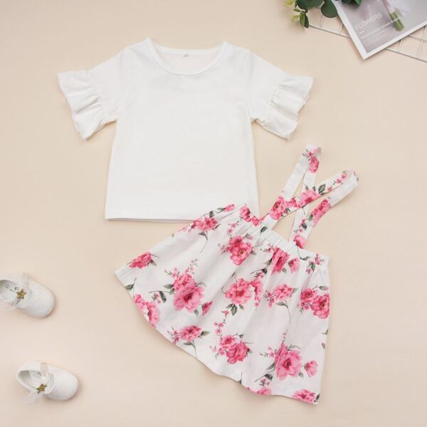 

Toddler Girls Flounce Sleeve Solid Tee & Floral Print Pinafore Skirt