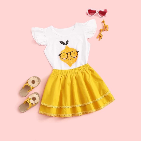 

Toddler Girls Cartoon Print Layer Ruffle Cuff Tee & Layer Skirt