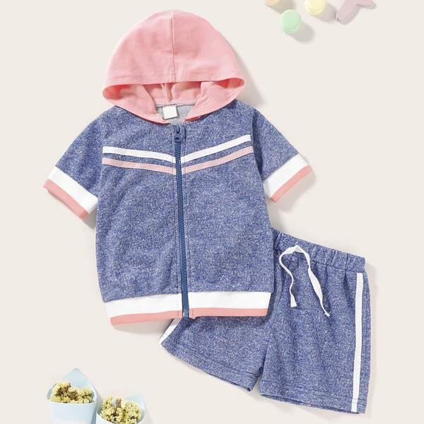 

Toddler Girls Space Dye Tape Panel Zip Up Hoodie & Drawstring Waist Shorts, Blue