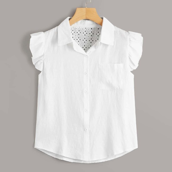 

Eyelet Embroidery Ruffle Cuff Yoke Blouse