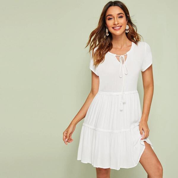 

Solid Tie Neck Swing Dress