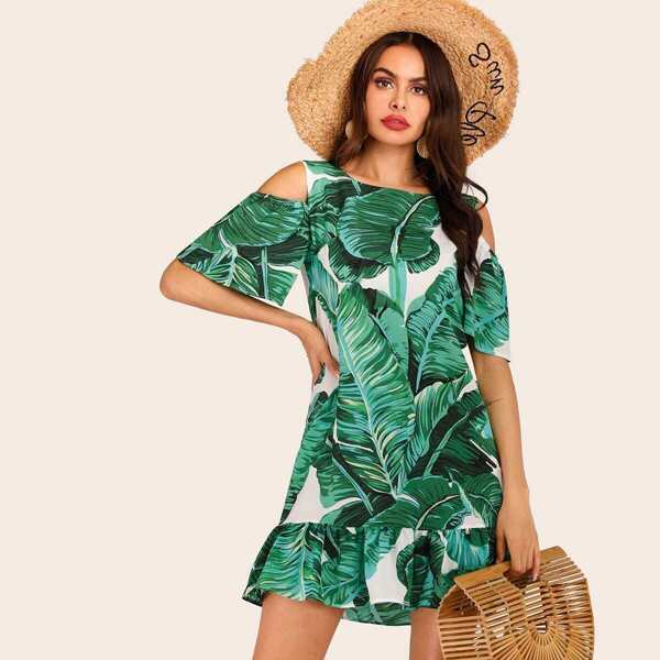 

Tropical Print Open Shoulder Ruffle Hem Dress