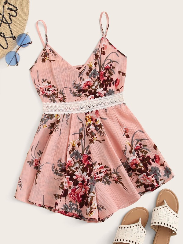 

Floral Print Lace Panel Cami Playsuit, Pink