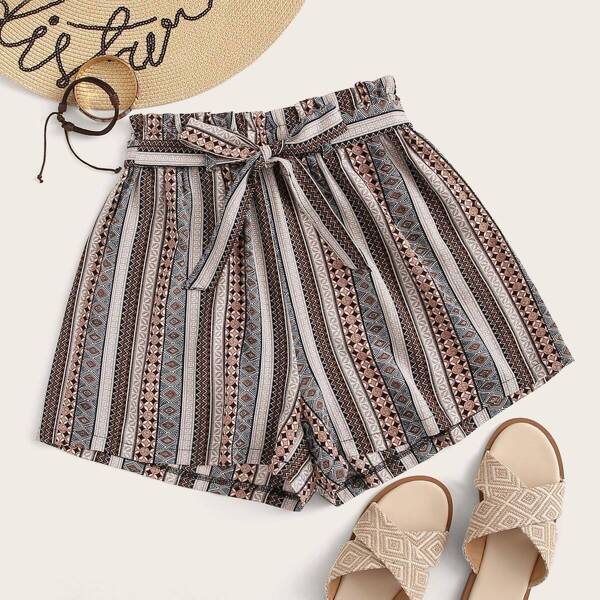 

Tribal Print Belted Paperbag Shorts