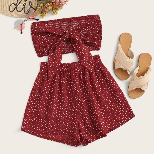 

Confetti Heart Print Tie Front Shirred Tube Top With Shorts, Burgundy