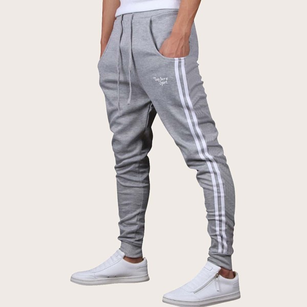 

Men Drawstring Waist Side Stripe Pants, Light grey