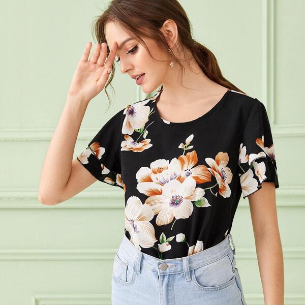 

Floral Print Flounce Sleeve Blouse