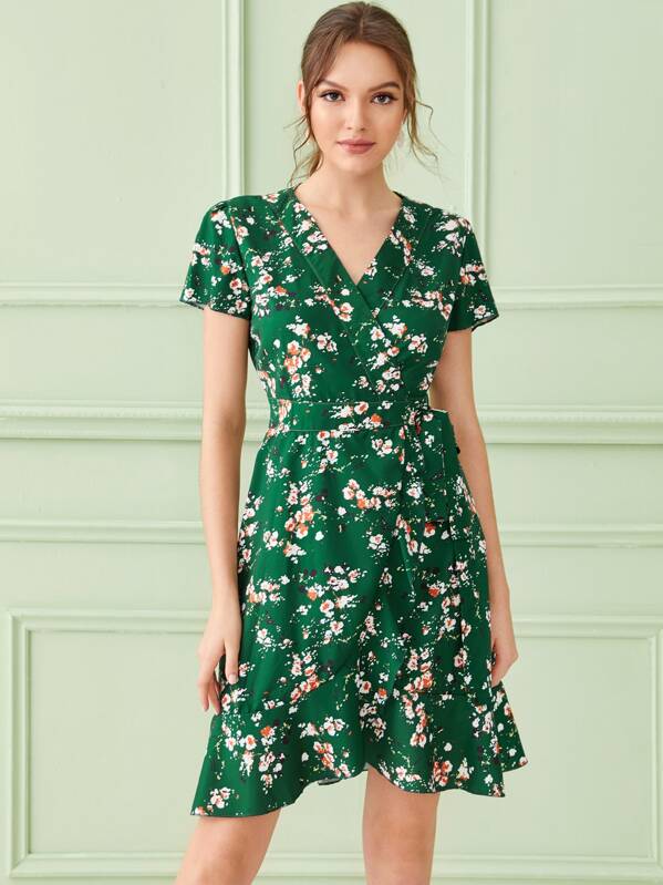 

Surplice Front Floral Print Tulip Hem Belted Dress, Multicolor, Natalia