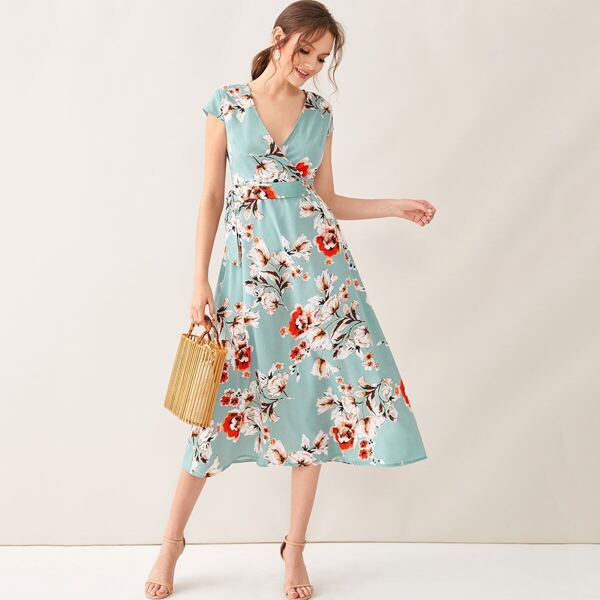

Floral Print Surplice Front Belted Dress, Multicolor