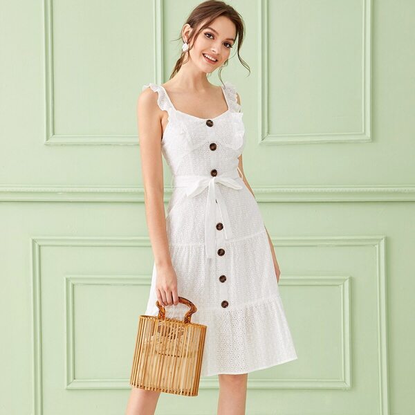 

Eyelet Embroidery Frill Button Belted Dress, White