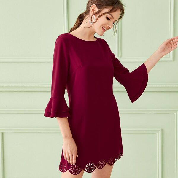 

Flounce Sleeve Laser Cut Scallop Trim Dress