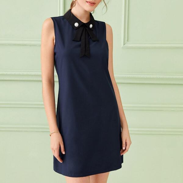 

Tie Neck Button Keyhole Back Beaded Dress, Navy