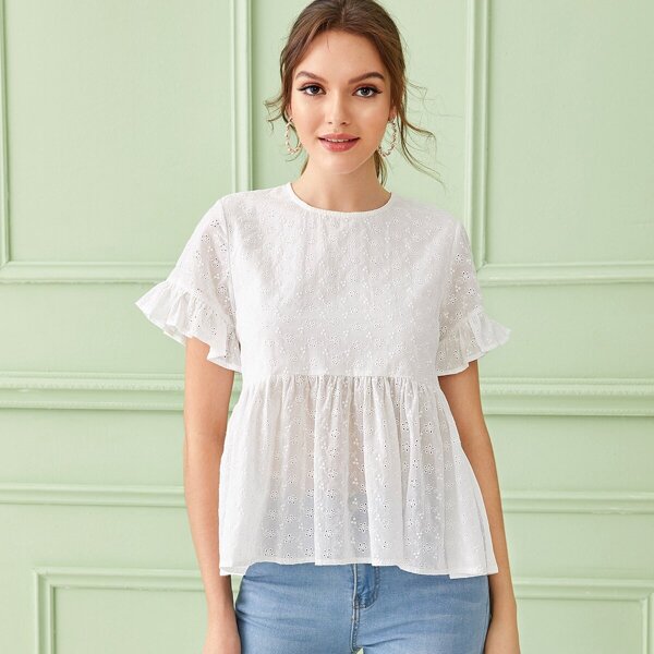 

Eyelet Embroidery Flounce Sleeve Smock Blouse
