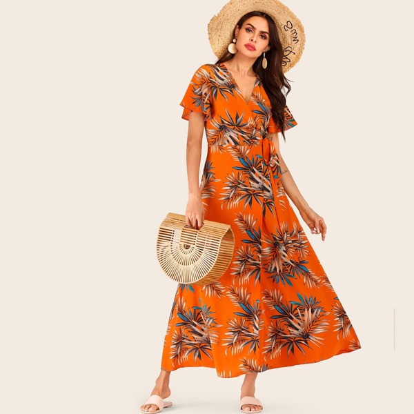 

Neon Orange Leaf Print V-neck Self Tie Dress