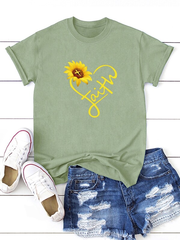 

Sunflower & Letter Print Tee, Green
