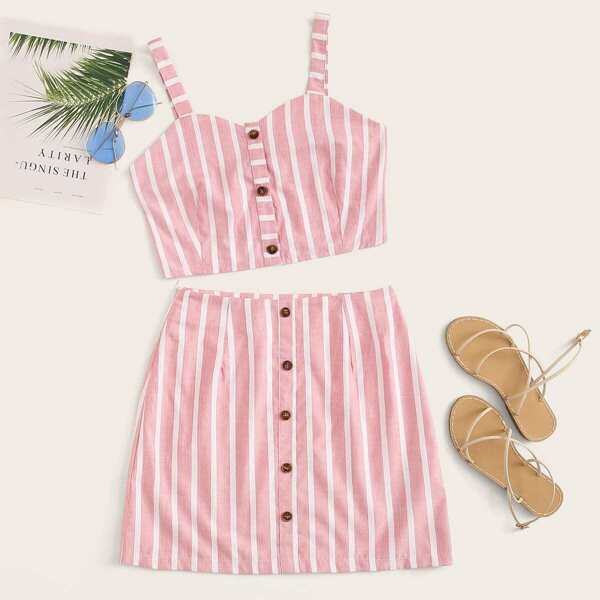 

Striped Button Front Cami Top & Skirt, Pink