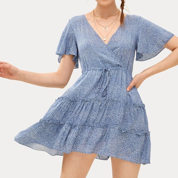 

Ditsy Floral Print Surplice Front Drawstring Waist Dress, Blue