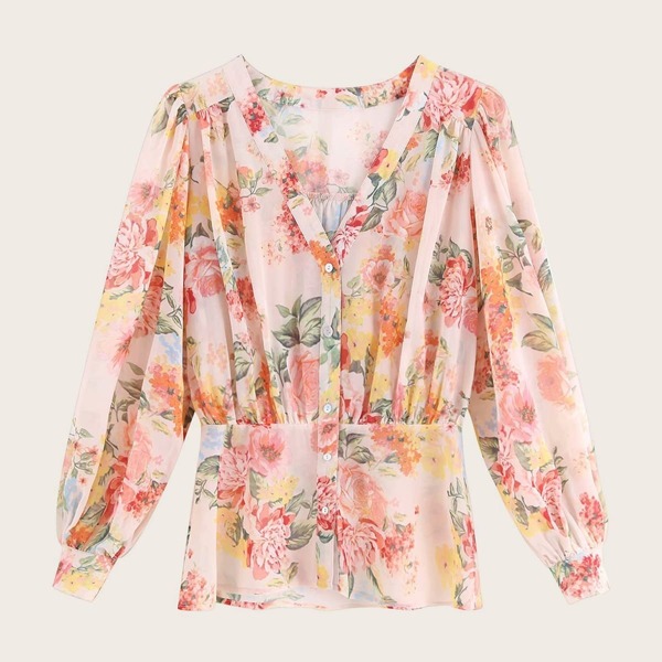 

Floral Print V-neck Button Through Blouse