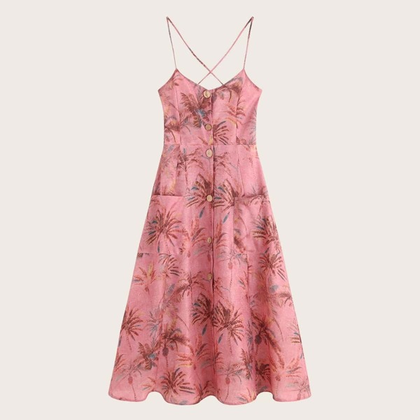 

Tropical Print Button Through Criss Cross Slip Dress