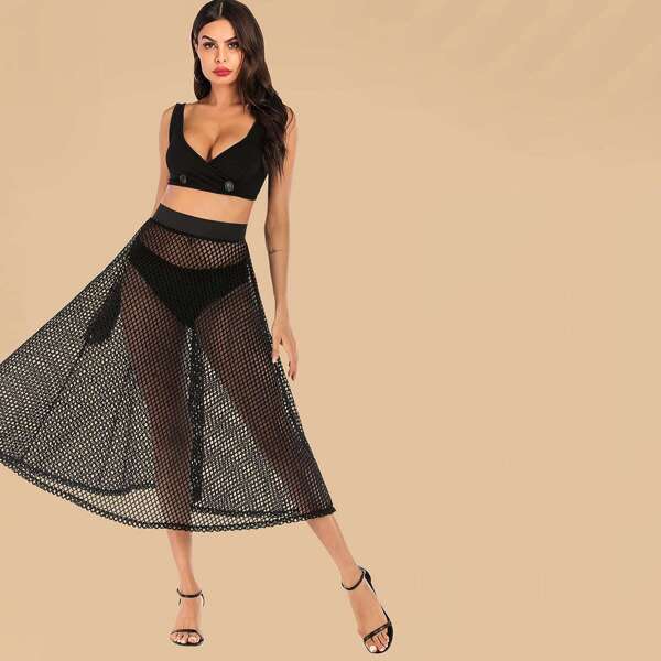 

Double Button Surplice Top With Fishnet Skirt