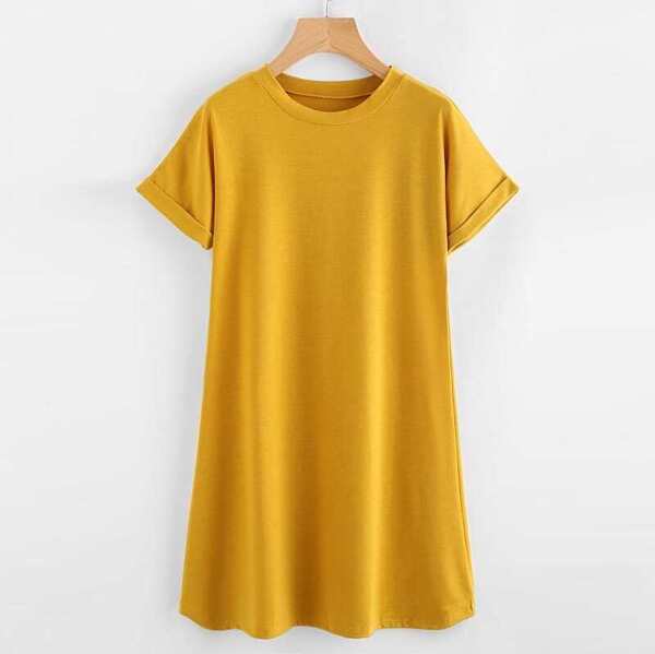 

Plus Roll Up Sleeve Solid T-shirt Dress, Yellow