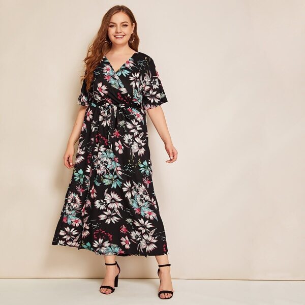 

Plus Floral Print Surplice Neck Belted Dress, Multicolor