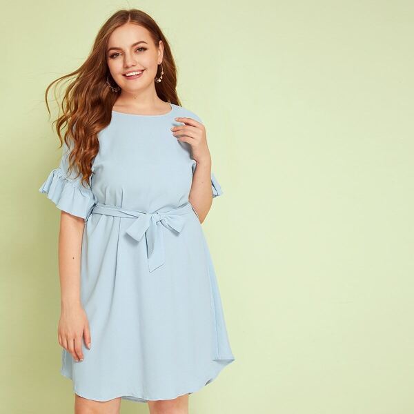 

Plus Flounce Sleeve Button Keyhole Belted Dress, Blue