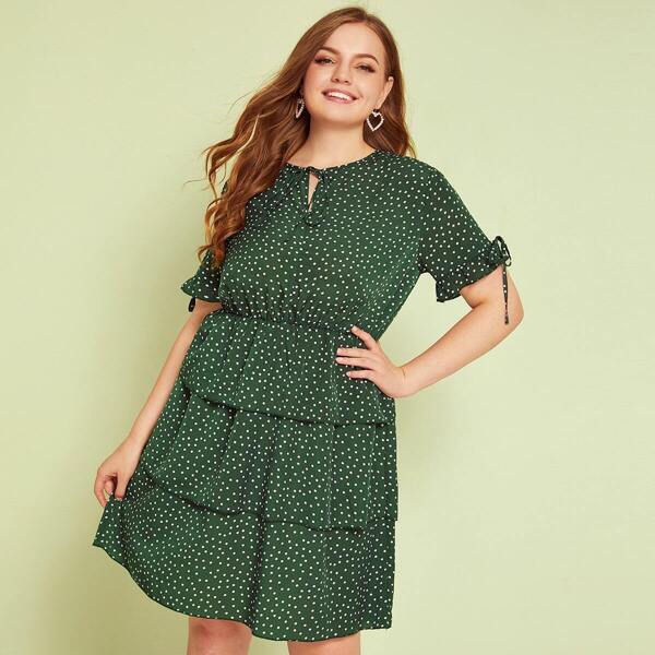 

Plus Polka Dot Tiered Layer Tie Front Dress, Green