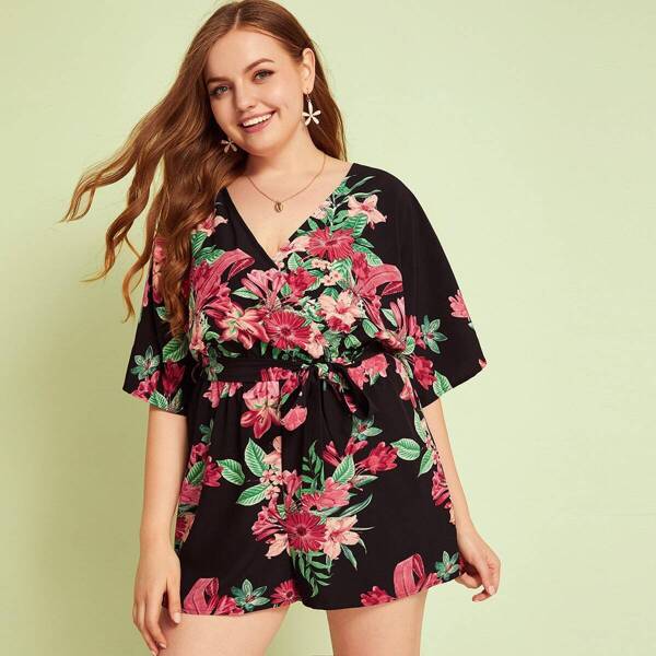 

Plus Surplice Neck Floral Print Belted Romper, Multicolor