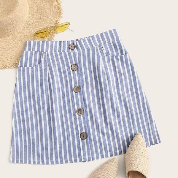 

Plus Button Front Pocket Side Striped Skirt, Blue