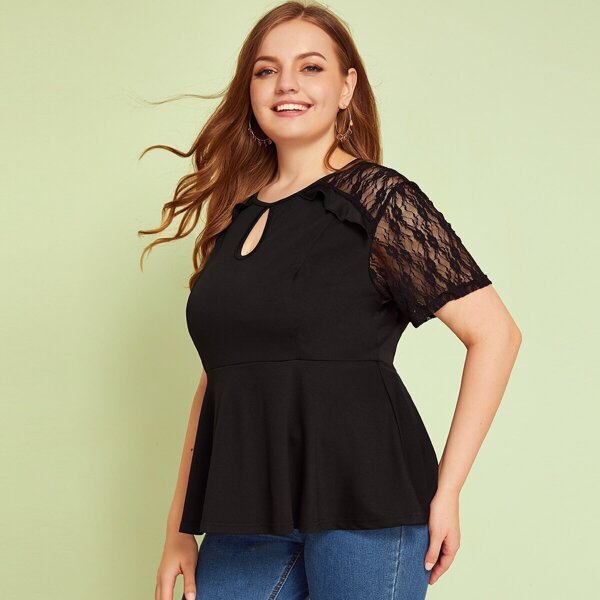 

Plus Contrast Lace Ruffle Trim Keyhole Neckline Peplum Tee