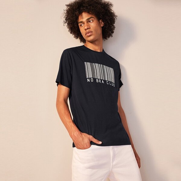 

Men Slogan and Barcode Print Tee