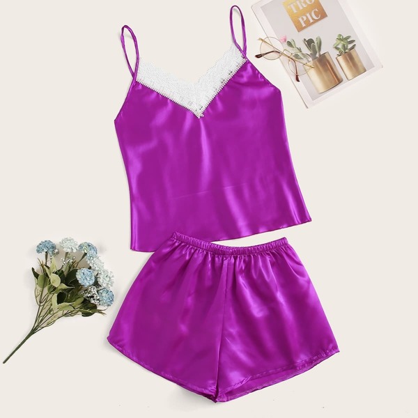 

Crochet Trim Satin Cami PJ Set