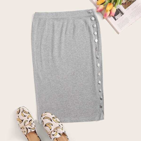 

Solid Side Popper Knit Skirt