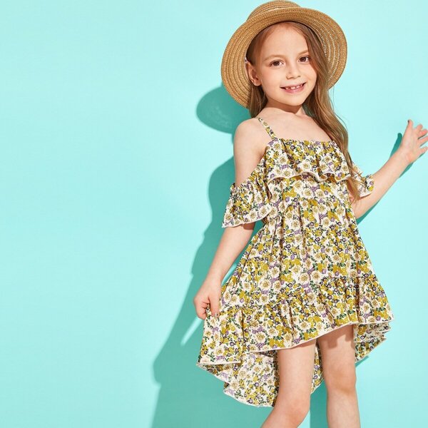 

Toddler Girls Cold Shoulder Ditsy Floral Ruffle Hem Dress