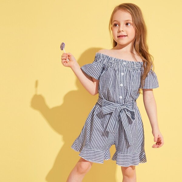 

Toddler Girls Striped Button Front Belted Ruffle Hem Bardot Playsuit
