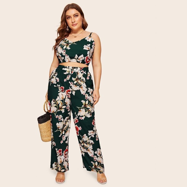 

Plus Floral Print Cami Top With Pants, Multicolor