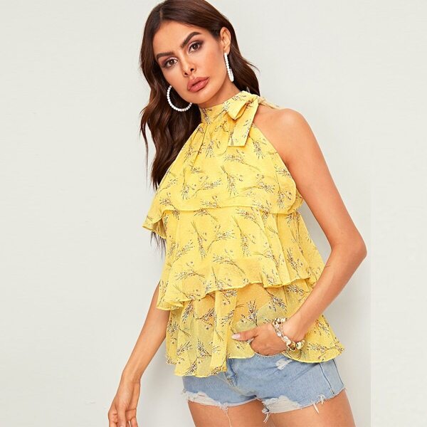 

Halter Tiered Layer Floral Print Knot Blouse