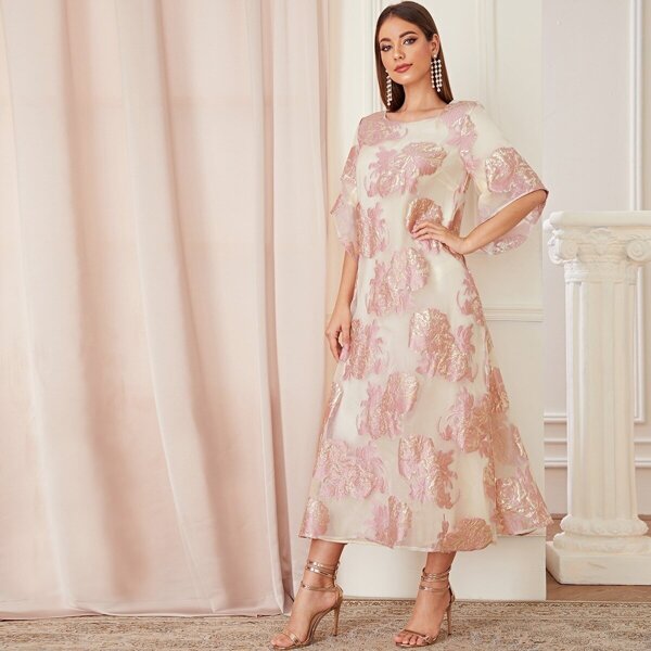 

Floral Jacquard Flounce Sleeve Zip Back Dress