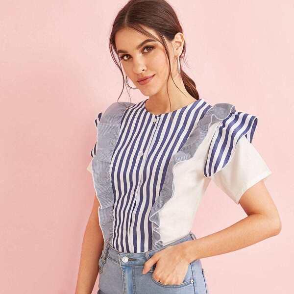

Striped Contrast Ruffle Trim Shirt, Multicolor