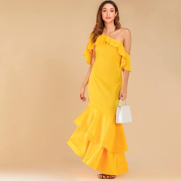

One Shoulder Ruffle Trim Layered Fishtail Hem Dress