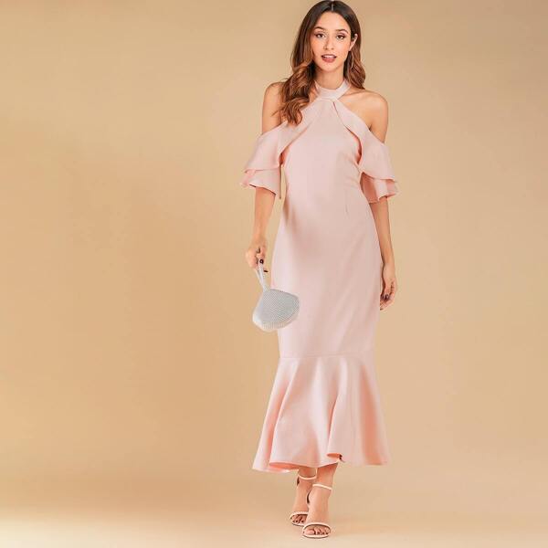 

Ruffle Trim Cold Shoulder Pep Hem Dress, Pink