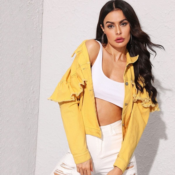 

Yellow Wash Ruffle Trim Denim Jacket
